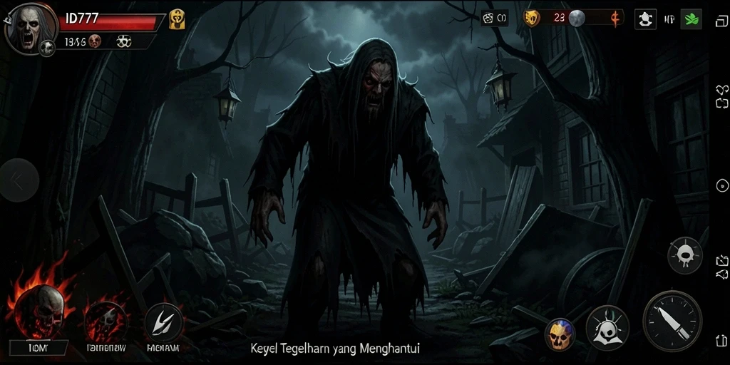 Tampilan gameplay ID777 yang menyeramkan dengan makhluk mengintimidasi.